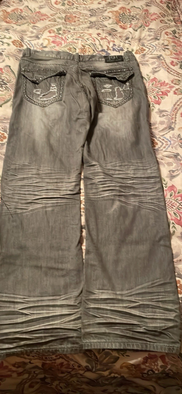 Request Men’s Premium Denim Straight Leg Jeans Gray Distressed Mid Rise 5-Pocket