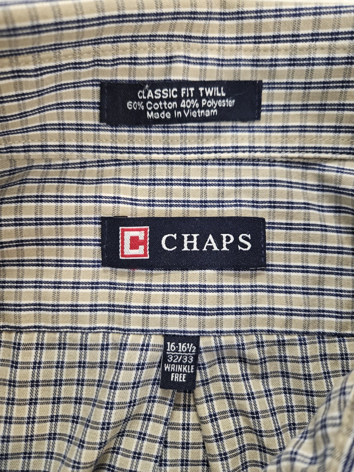 Chaps Mens Dress Shirt 16 16.5 32/33 Classic Fit Twill Plaid Wrinkle Free Blue