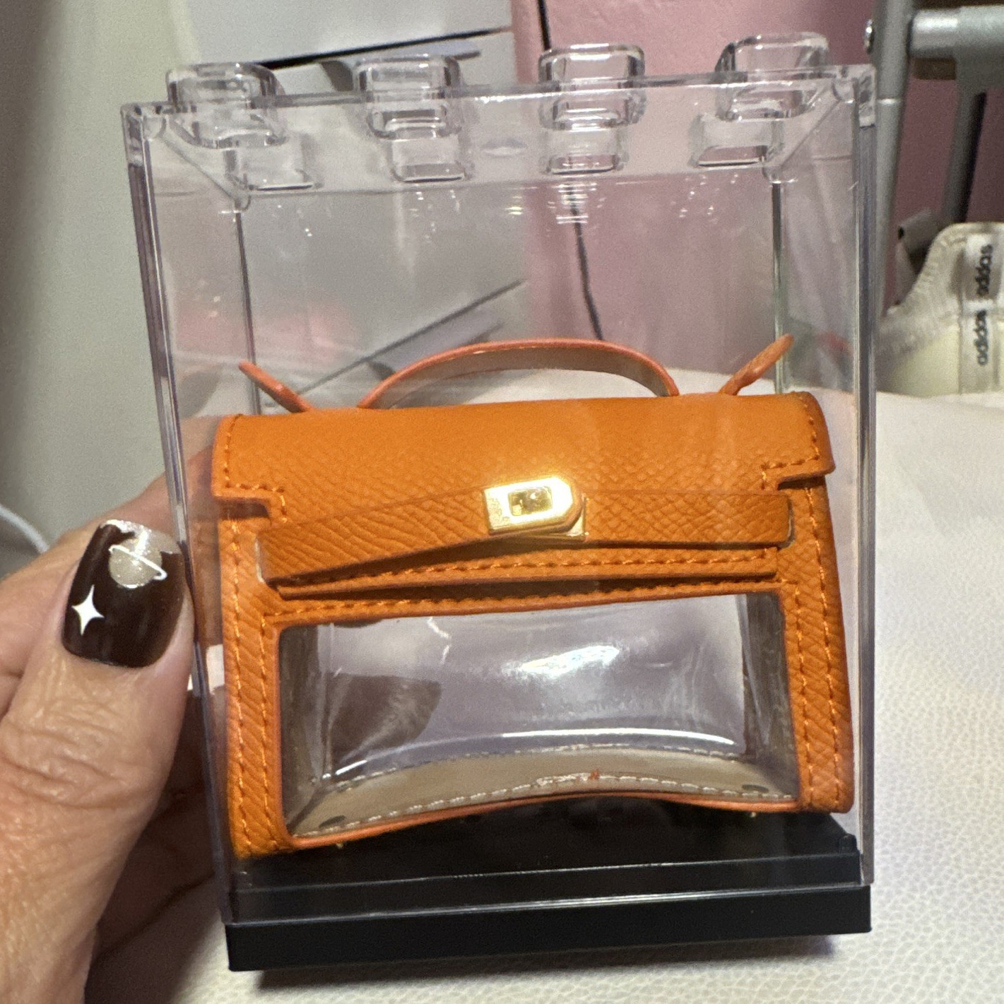 Mini Top Handle Bag Orange/Clear Turn Lock Gold Hardware Rectangle Solid