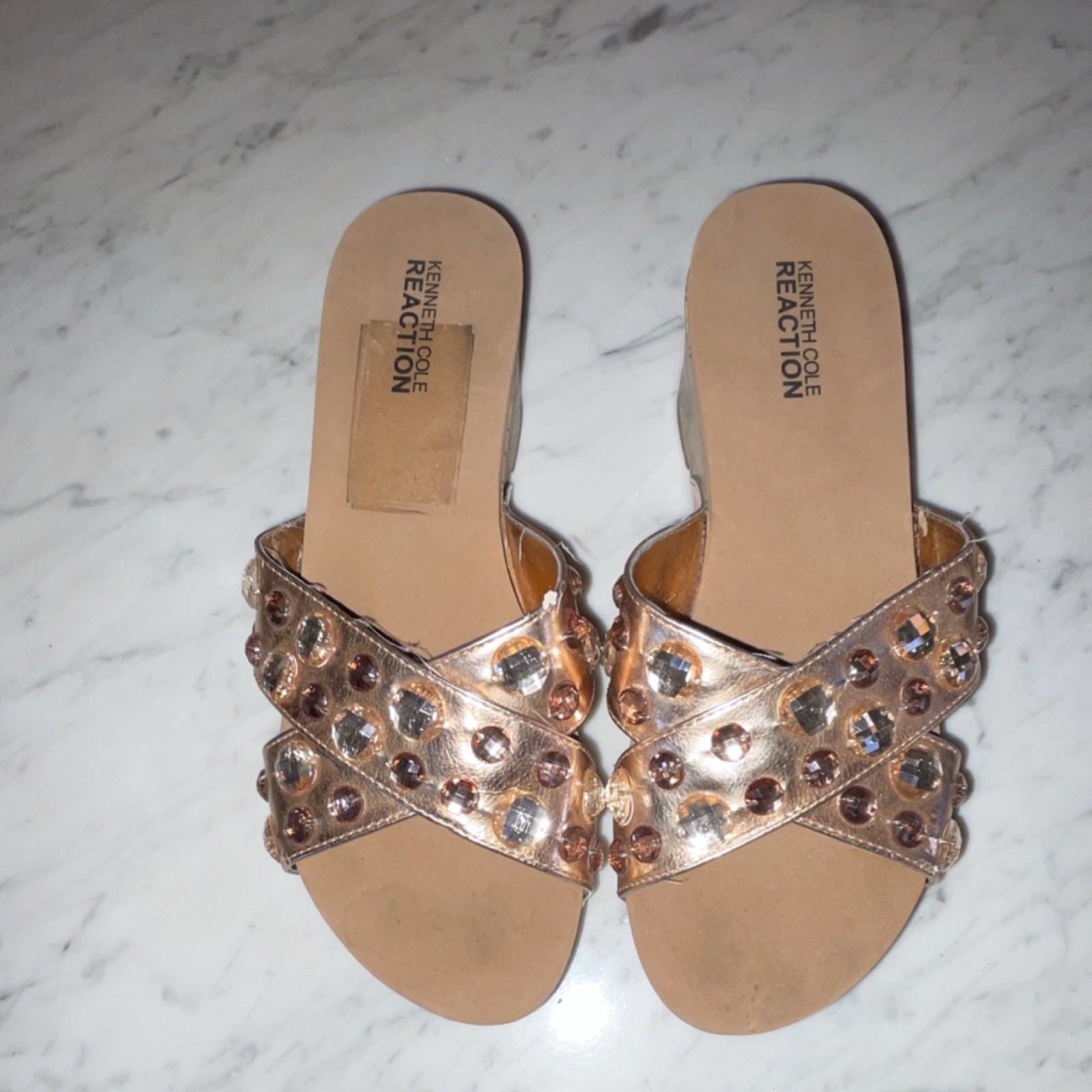 Kenneth Cole Reaction Women’s Gold Studded Rhinestone Wedge Slide Sandals 8M
