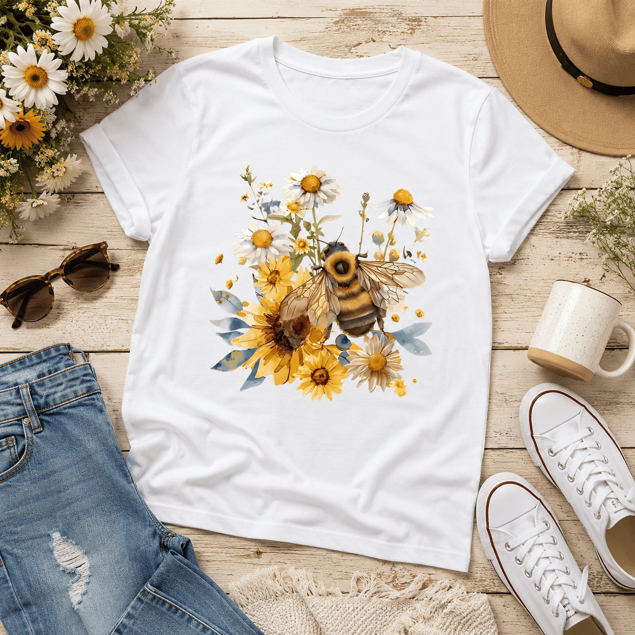 Women’s Bee Flower Graphic T-Shirt Yellow Blue Floral Casual Summer Tee Top