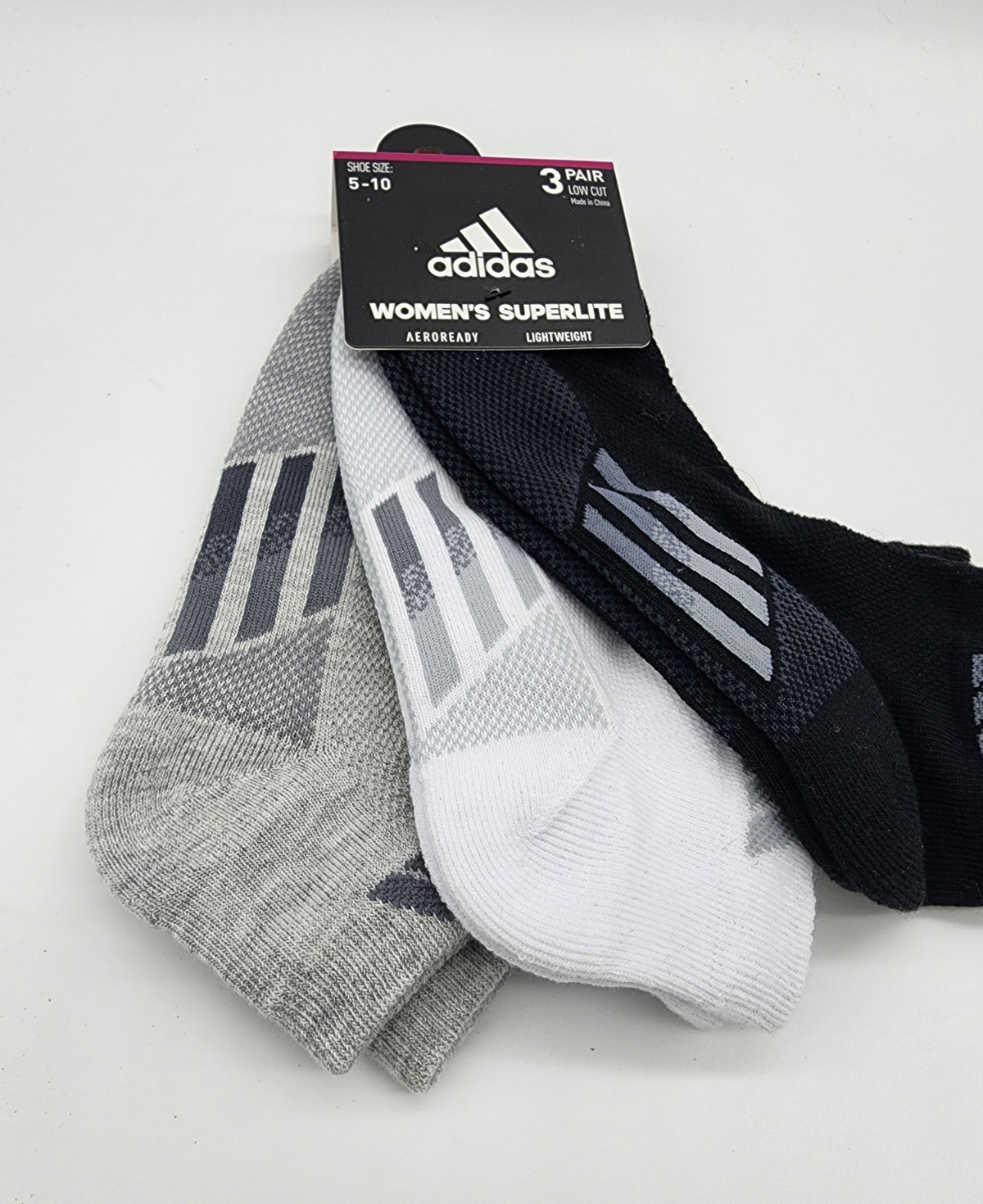 3 Pair Adidas Superlite Low Cut Socks, Women’s Shoe Size 5-10, Black White Gray