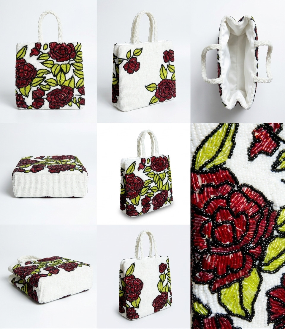 Handmade Beaded Floral Tote Bag, White Evening Handbag with Red Rose Detail