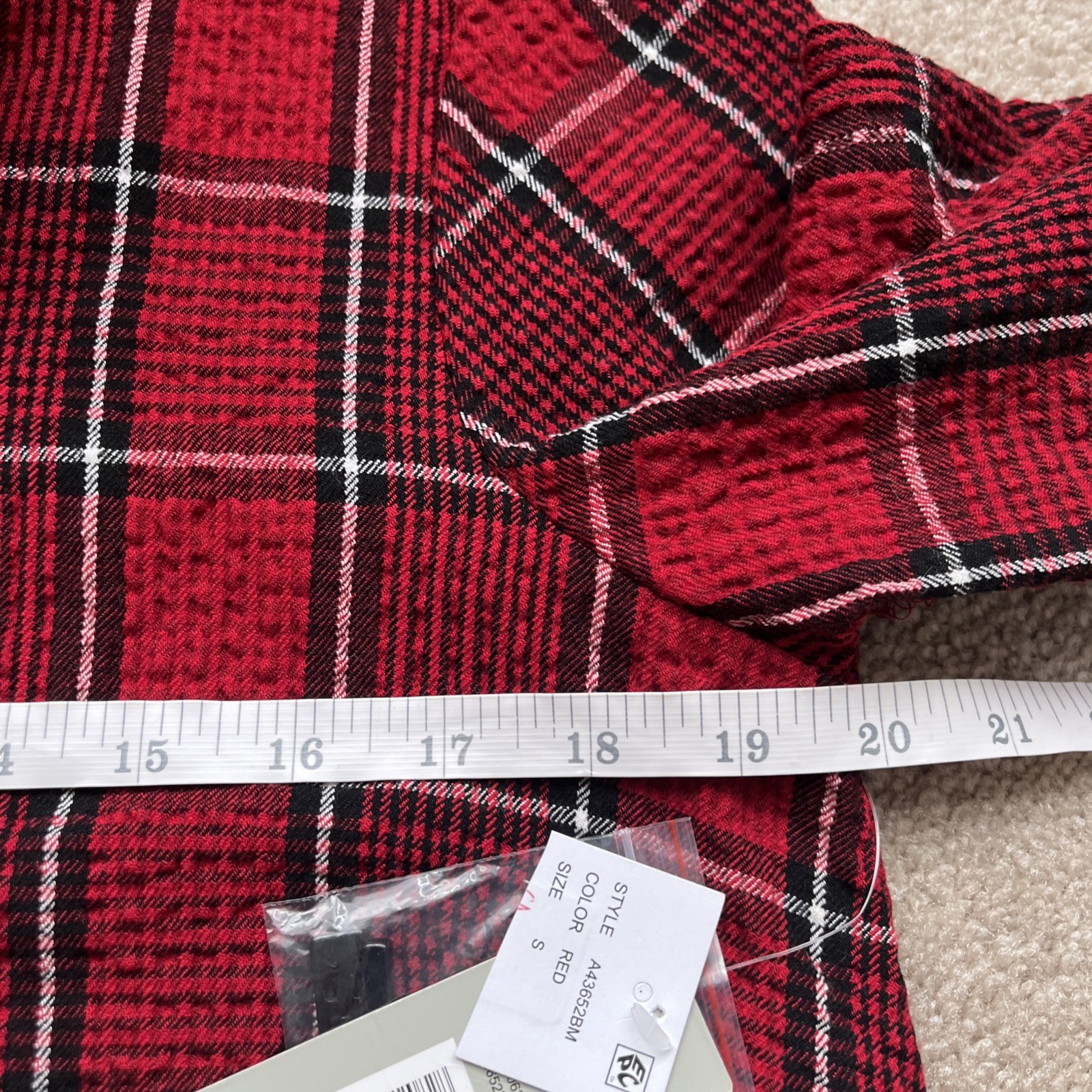 Ali Miles Tunic Top Small Plaid Wire Collar 3/4 Cinched Oversized Red Lagenlook