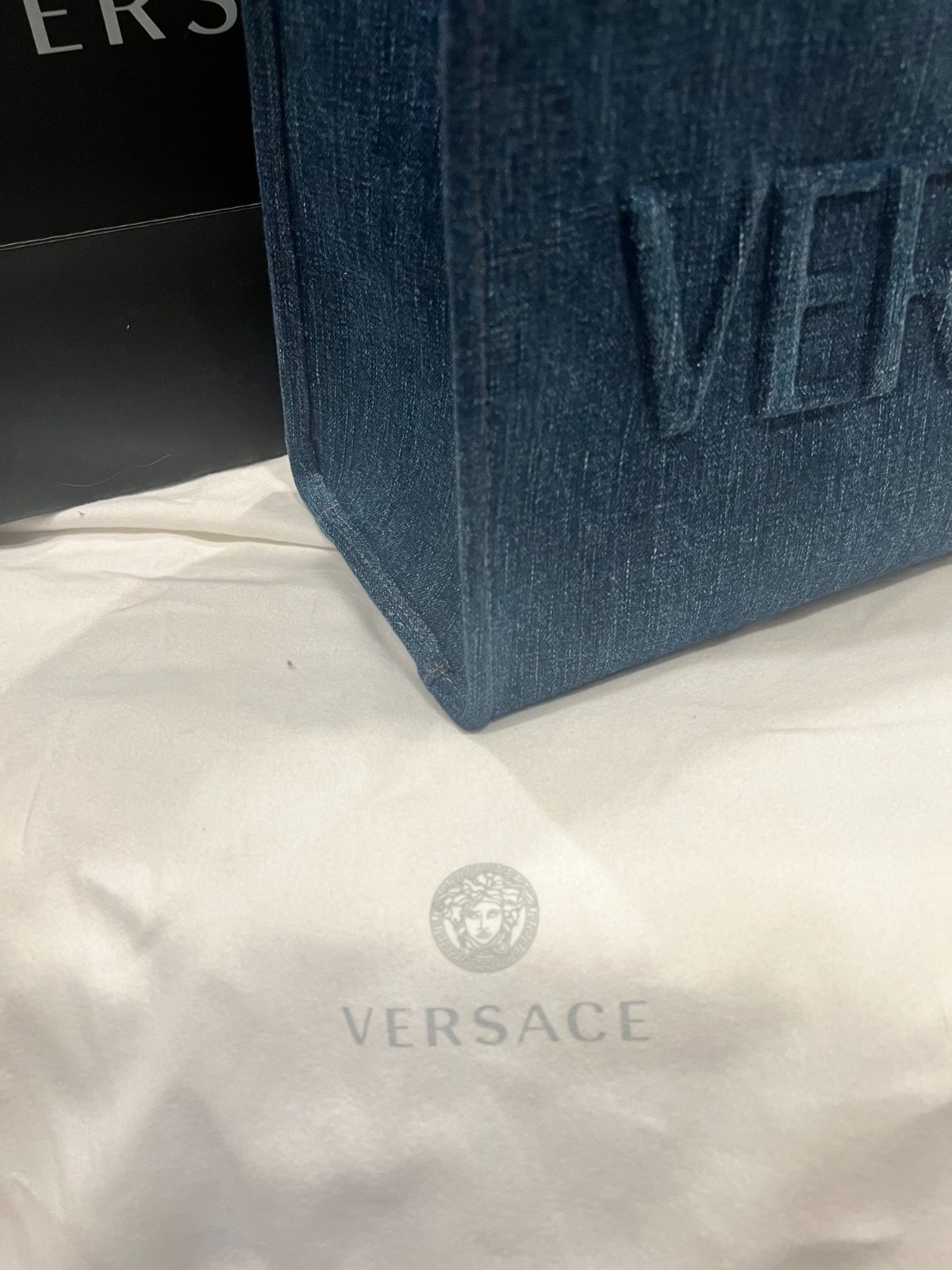Versace La Medusa Denim Tote Bag Navy Blue Gold Embossed NWT RFID Authenticated